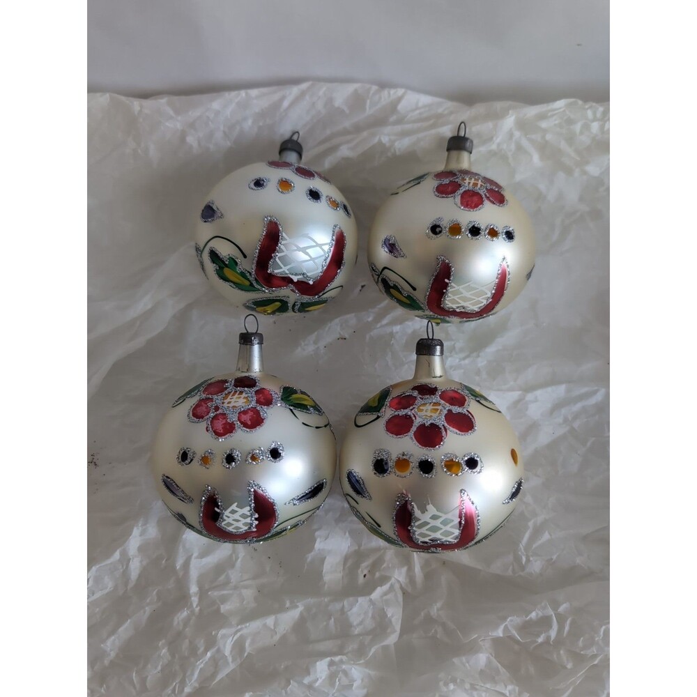 Vintage Christmas Ornaments Hand Blown Painted Antique Mercury Glass Set of 4